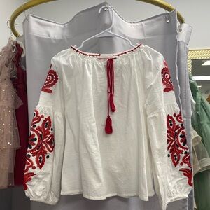 Embroidered White and Red Women's Top